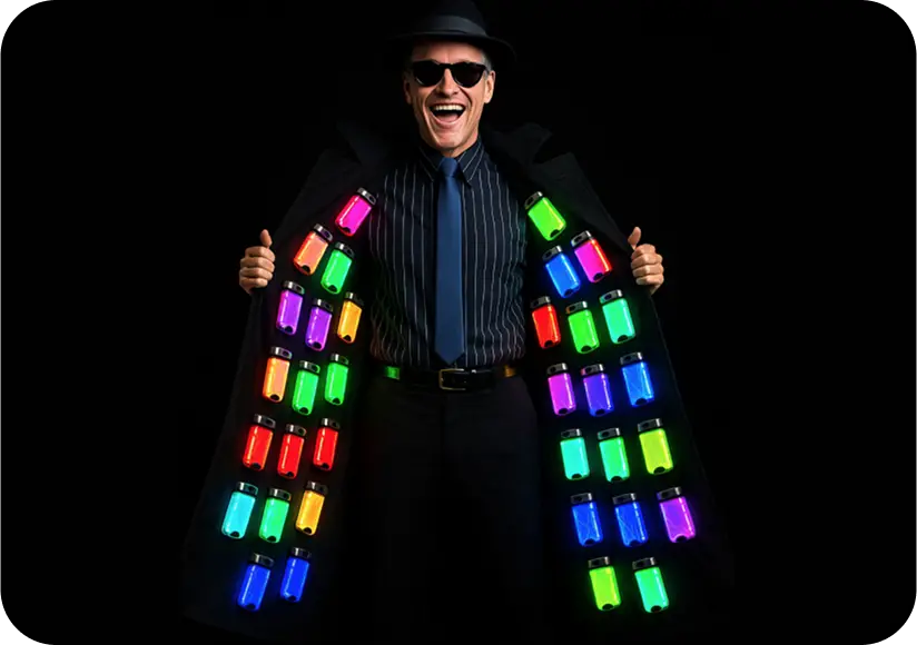 Man in sunglasses wearing a coat lined with dozens of glowing Beaconix lights in different colors