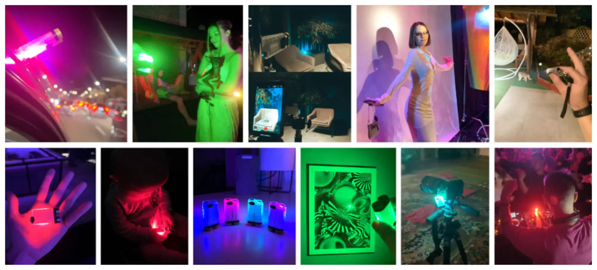 Collage of community photos with Beaconix B3 Mini lights glowing in different colors at night